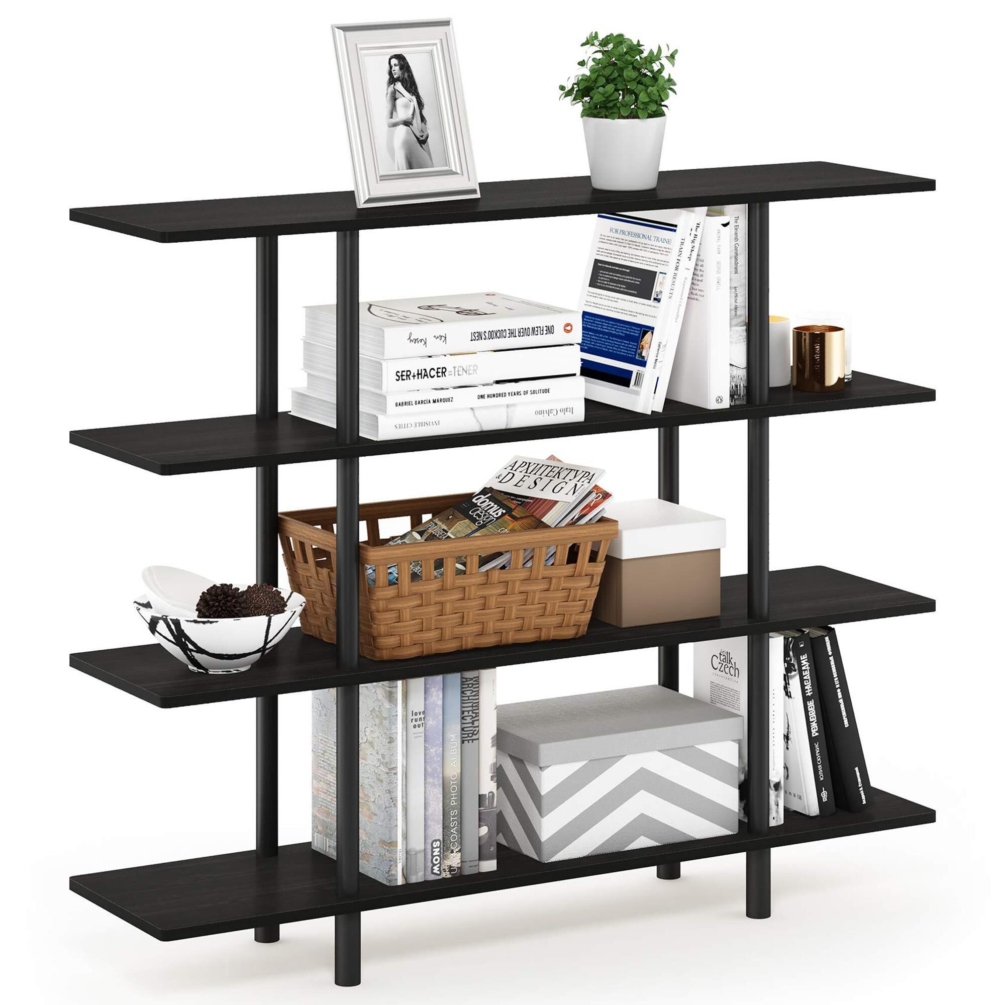 HOMLUX Turn-N-Tube 4-Tier Wide Display Shelf in Espresso and Black