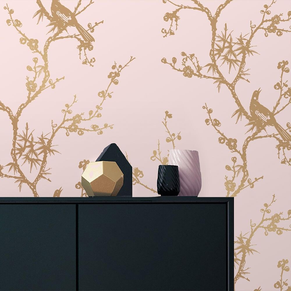 Tempaper Cynthia Rowley Bird Watching Rose Pink & Gold Peel and Stick Wallpaper, , large