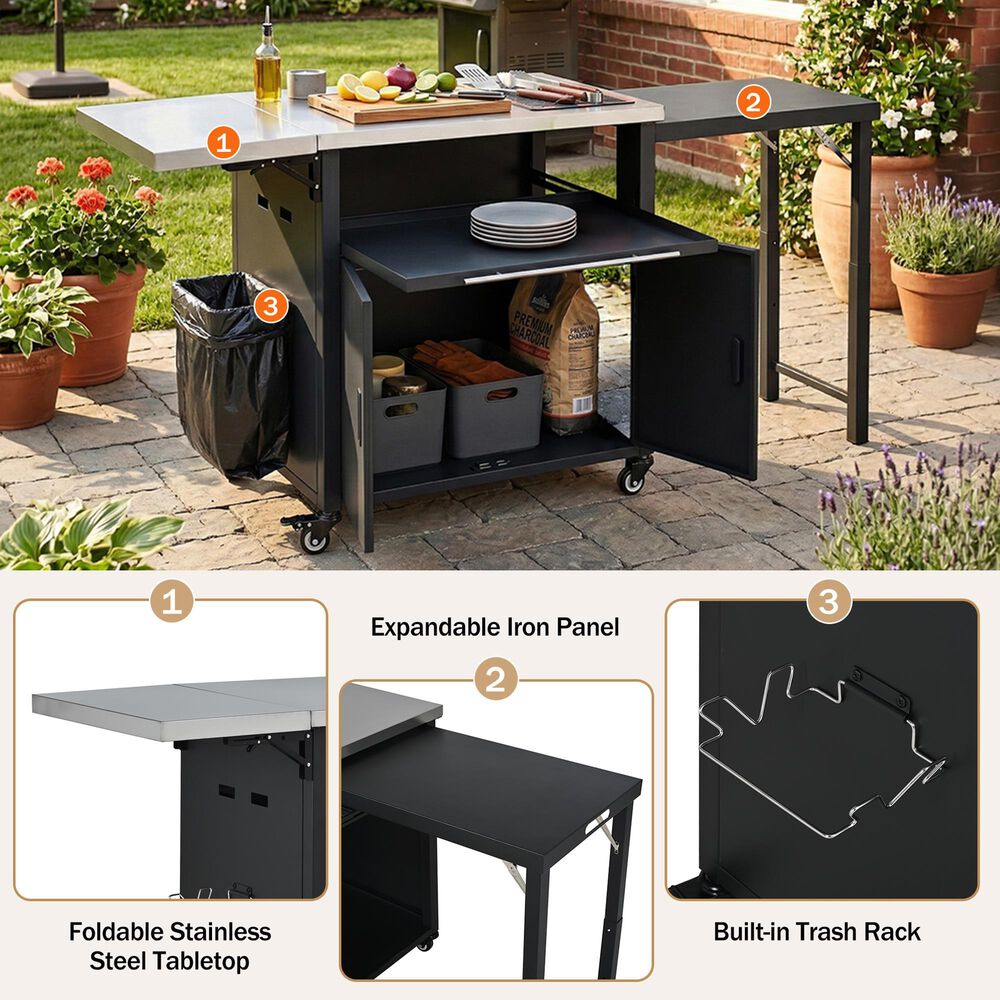 Hearth and Haven Outdoor Kitchen Island Cart with Dual Expandable Stainless Steel Tabletops in Black, , large