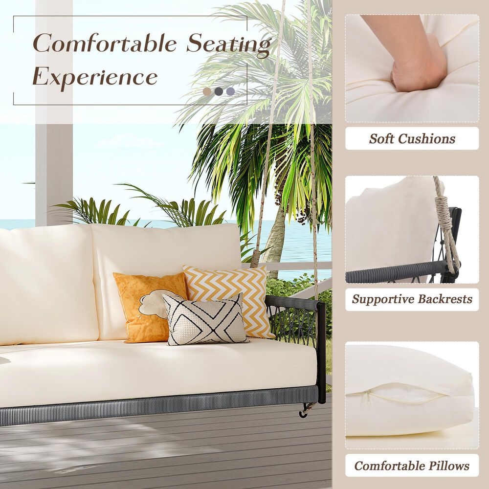 HOMLUX Patio Woven Rope Swing Sofa with Black Steel in Beige, , large