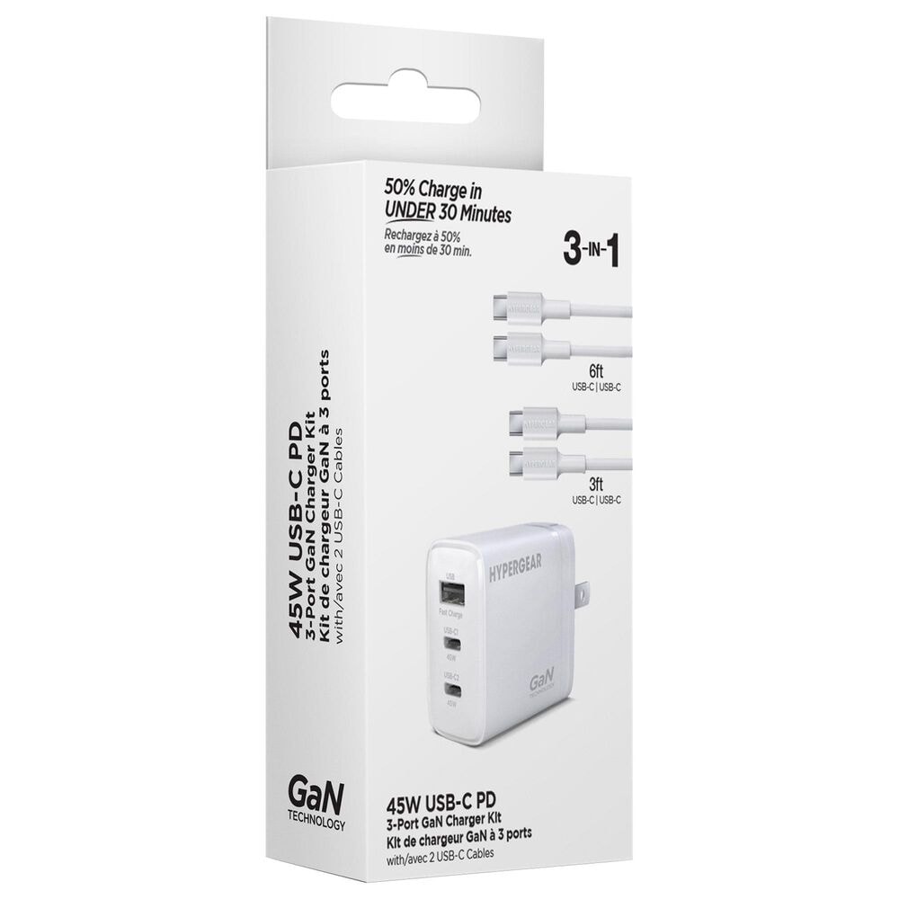 Hypercel 45W PD Wall Charger + 6ft USB-C to USB-C Cable in White, , large