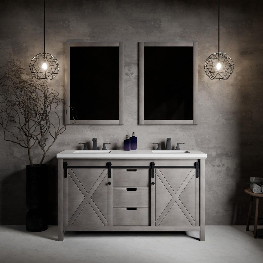 Lexora Home Marsyas 60&quot; Double Bathroom Vanity in Ash Grey with 2 cm White Cultured Marble Top and Rectangular Sinks, , large