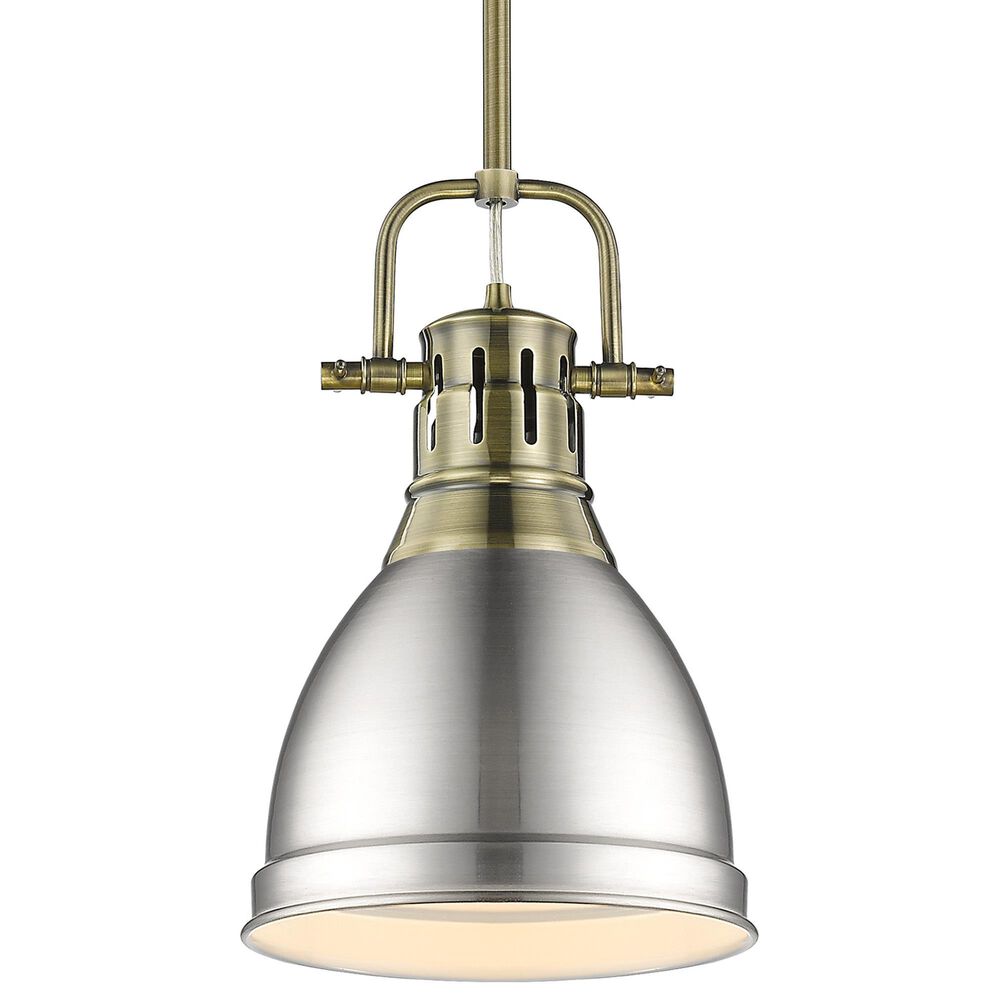Golden Lighting Duncan 1-Light Small Pendant with Rod and Pewter Shade in Aged Brass, , large