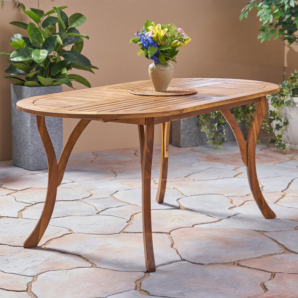 Hearth and Haven 70&quot; Outdoor Oval Dining Table with Slatted Tabletop and Curved Y-Shaped Legs in Teak, , large