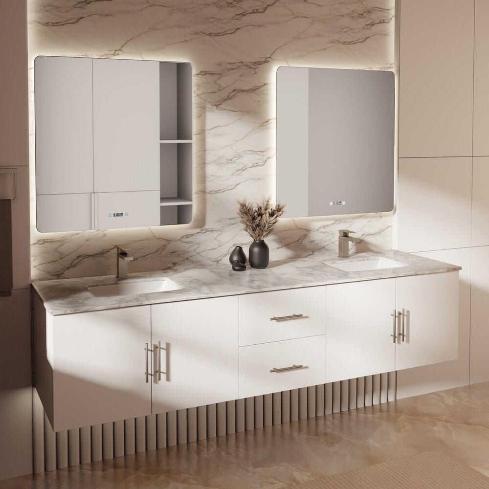 Lexora Home Geneva 80" Double Bathroom Vanity in Glossy White with 2 cm White Carrara Marble Top and Rectangular Sinks, , large