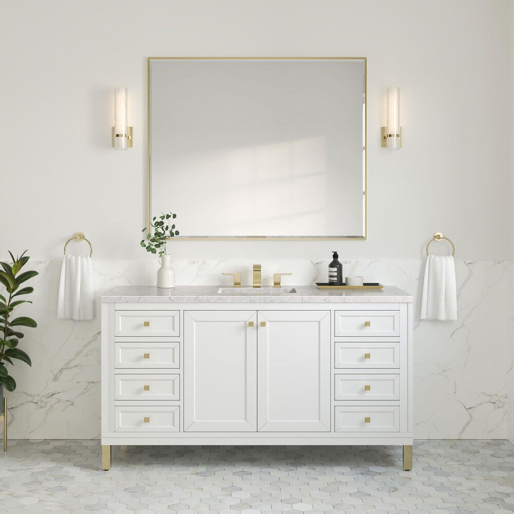 James Martin Vanities Chicago 60" Single Bathroom Vanity in Glossy White with 3 cm Eternal Jasmine Pearl Quartz Top, Rectangular Sink and FreePower Wireless Charger, , large