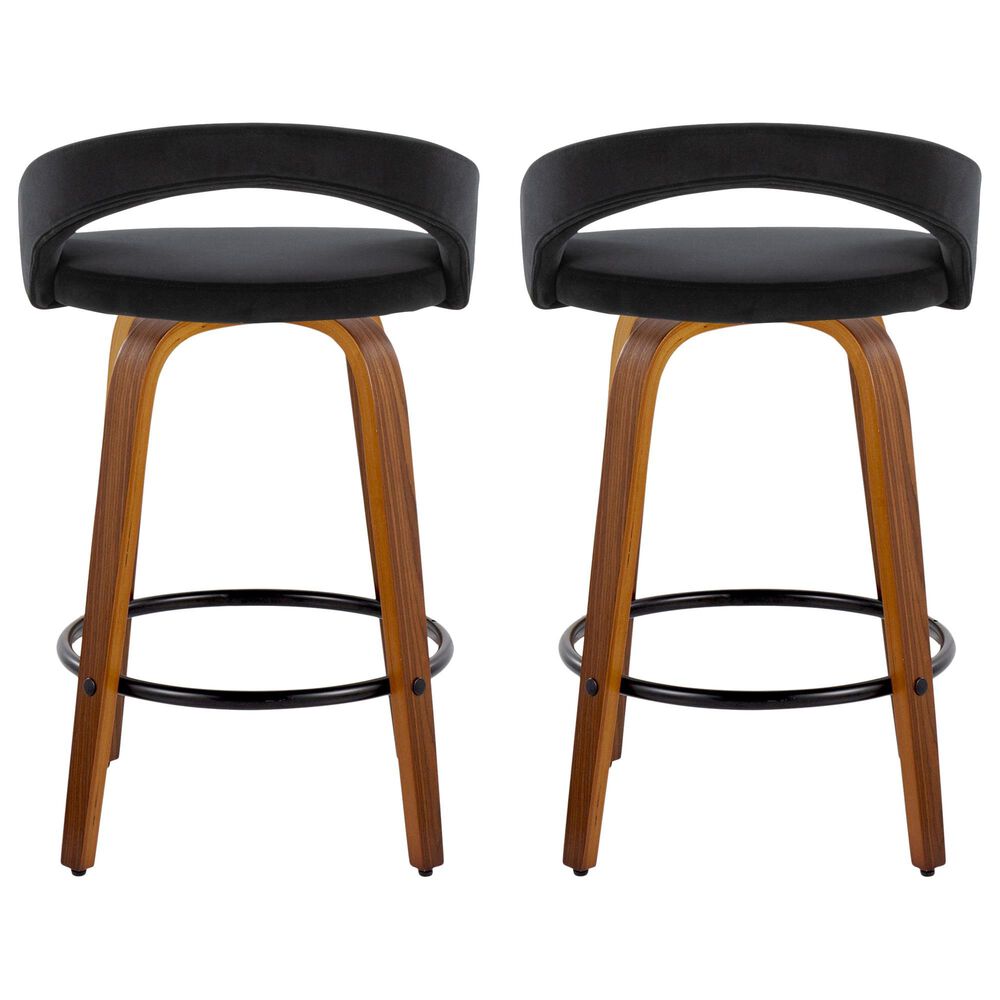 LumiSource Grotto Swivel Counter Stool with Black Velvet Upholstery in Walnut Wood and Black (Set of 2), , large