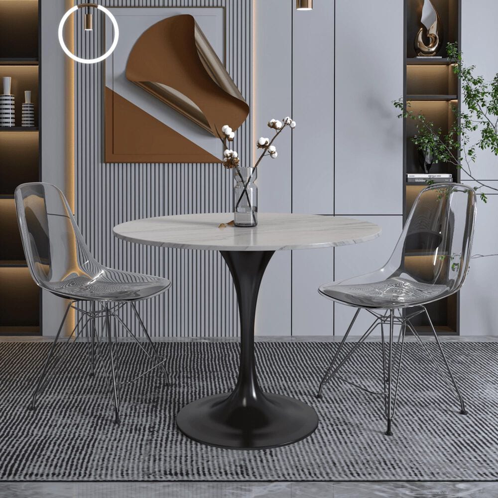Leisuremod LeisureMod Verve Collection 36 Round Dining Table, Black Base with Sintered Stone White Top, , large