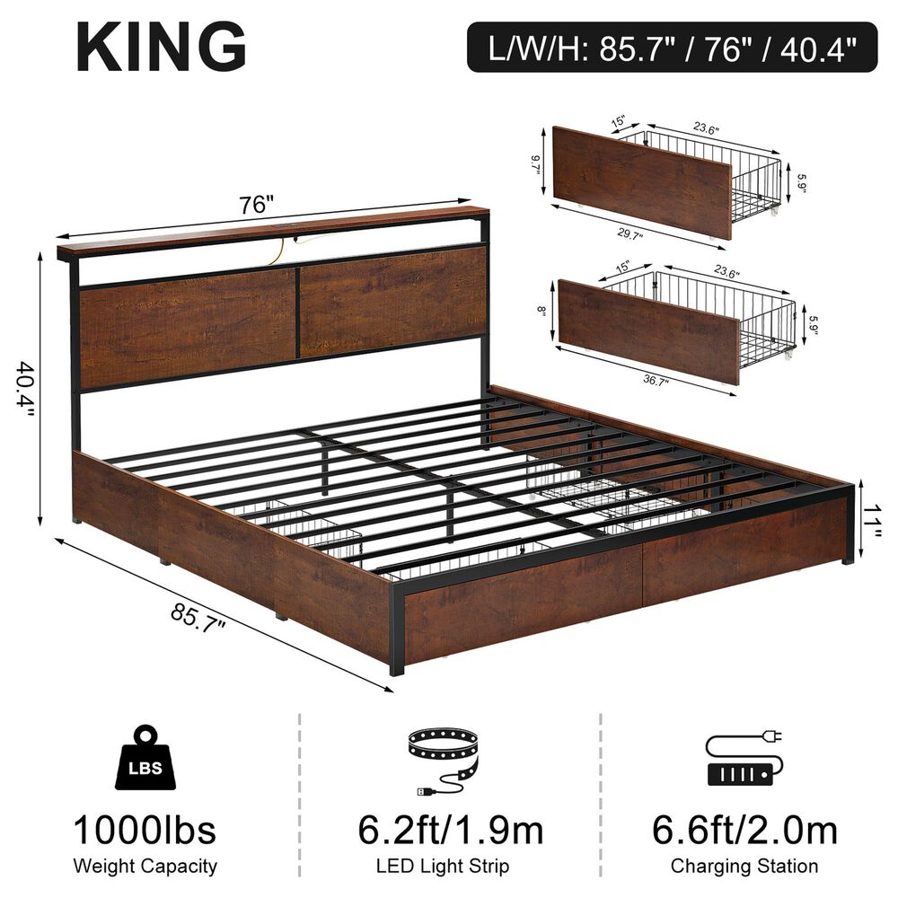 HOMLUX King 4-Drawer Storage Bed with LED Headboard and Charging Station in Rustic Brown, , large