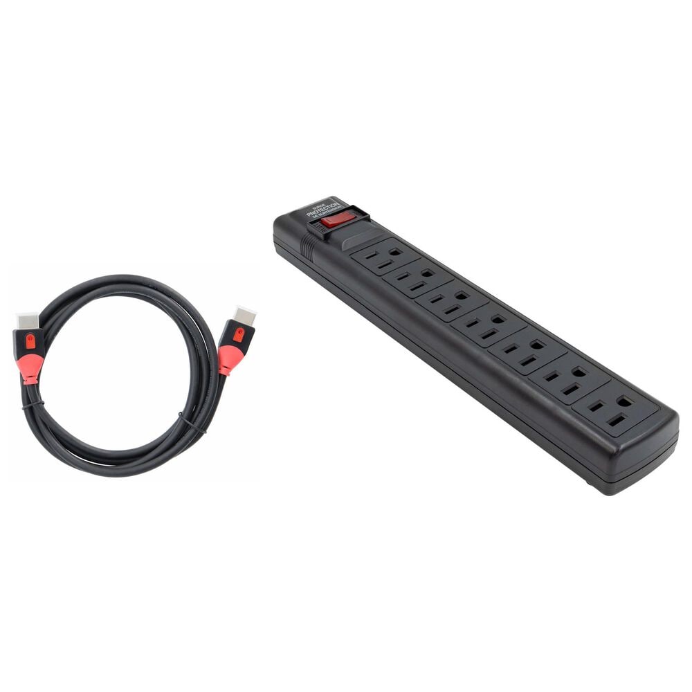 Helios 2-Piece 7 Outlet Surge Protector and Red Series 6" High Speed HDMI Cable 18Gbps in Black, , large