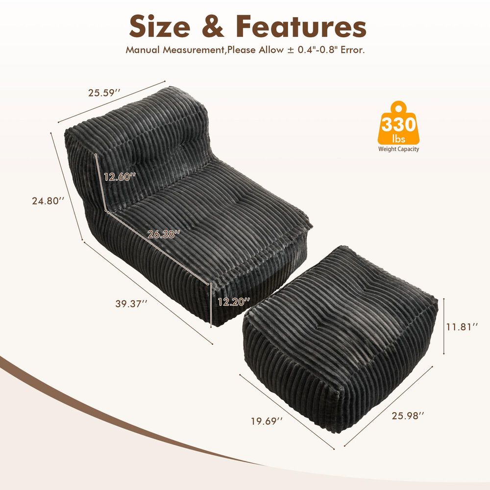 HOMLUX 2-Piece Bean Bag Chair and Ottoman in Gray, , large