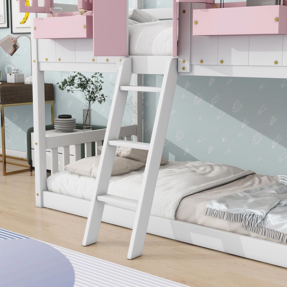 Hearth and Haven Twin over Twin House Bunk Bed with Roof in Pink and White, , large