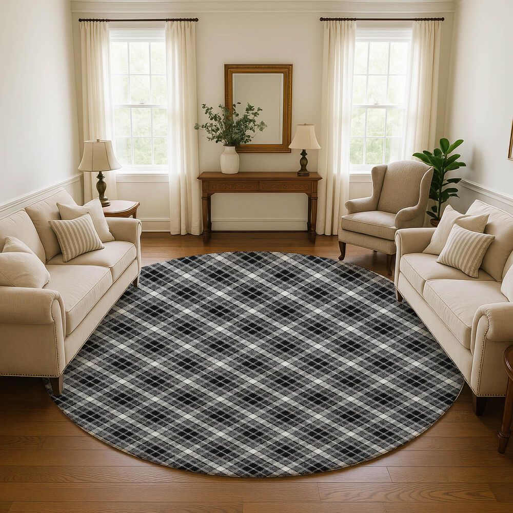 Dalyn Rug Company Soft Essentials Plaid Black 8' Round Indoor/Outdoor Area Rug, , large