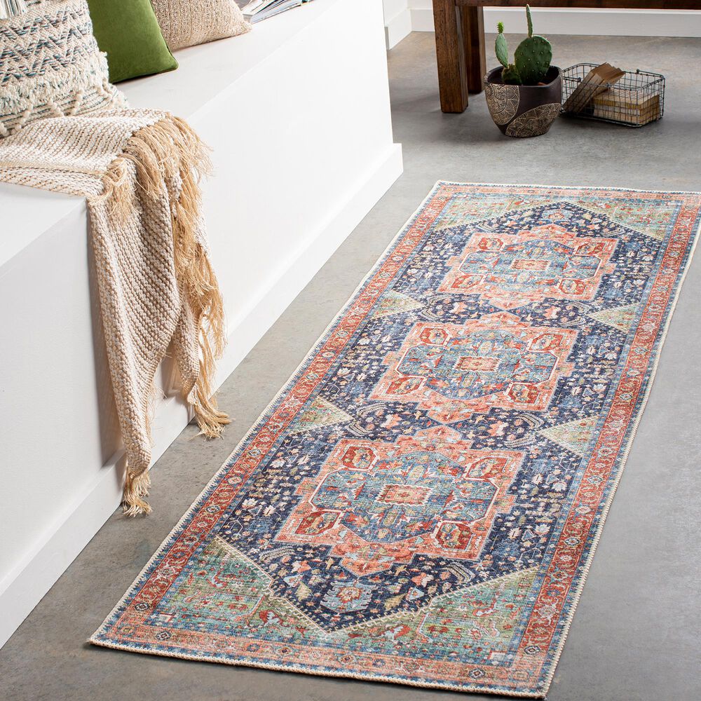 Surya Amelie 2&#39;7&quot; x 7&#39;10&quot; Navy, Peach, Green, Coral, Beige and Blush Runner, , large