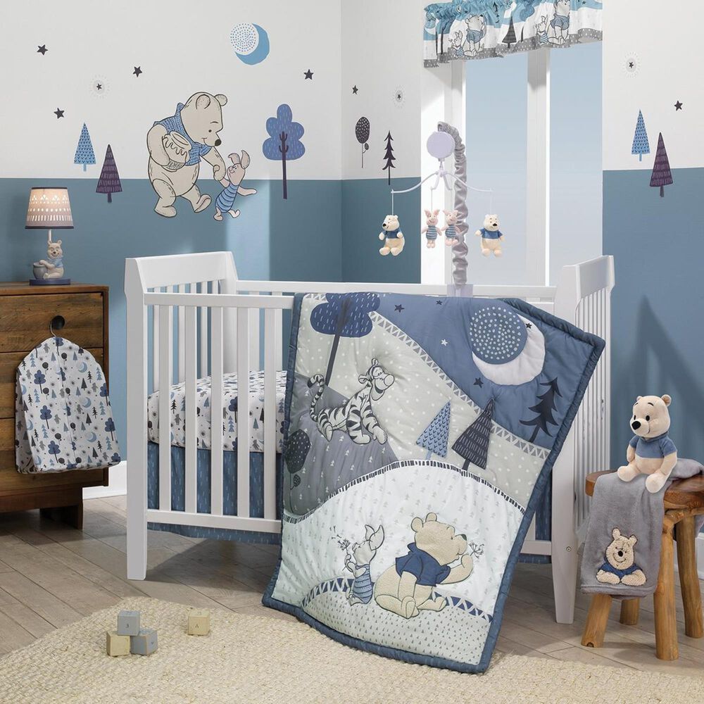 Lambs &amp; Ivy Pooh Bear 3-Piece Crib Bedding Set in Blue and Gray, , large