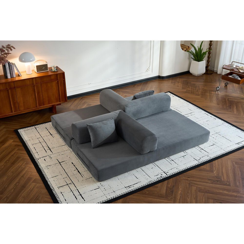 GigaCloud Corduroy Convertible Sleeper Sofa with Cylindrical Pillow in Gray, , large