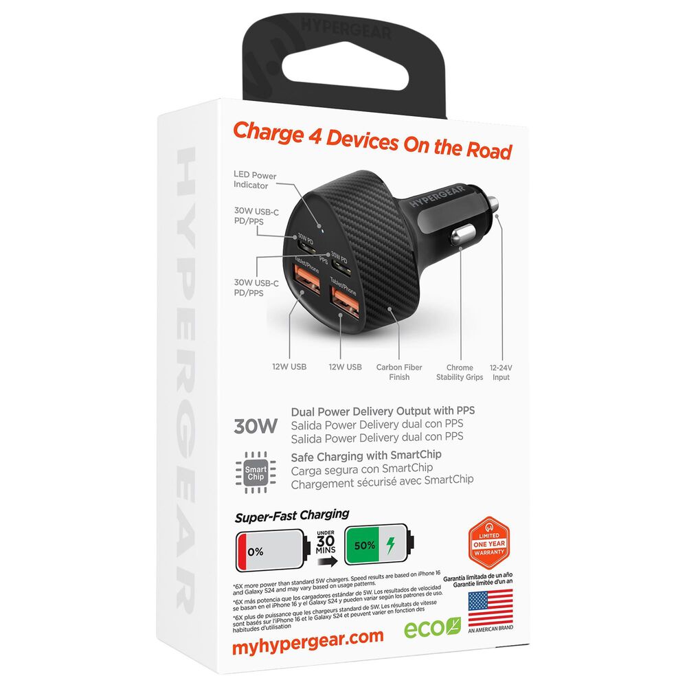 Hypercel SpeedBoost 77W Quad Port PD Car Charger in Black, , large