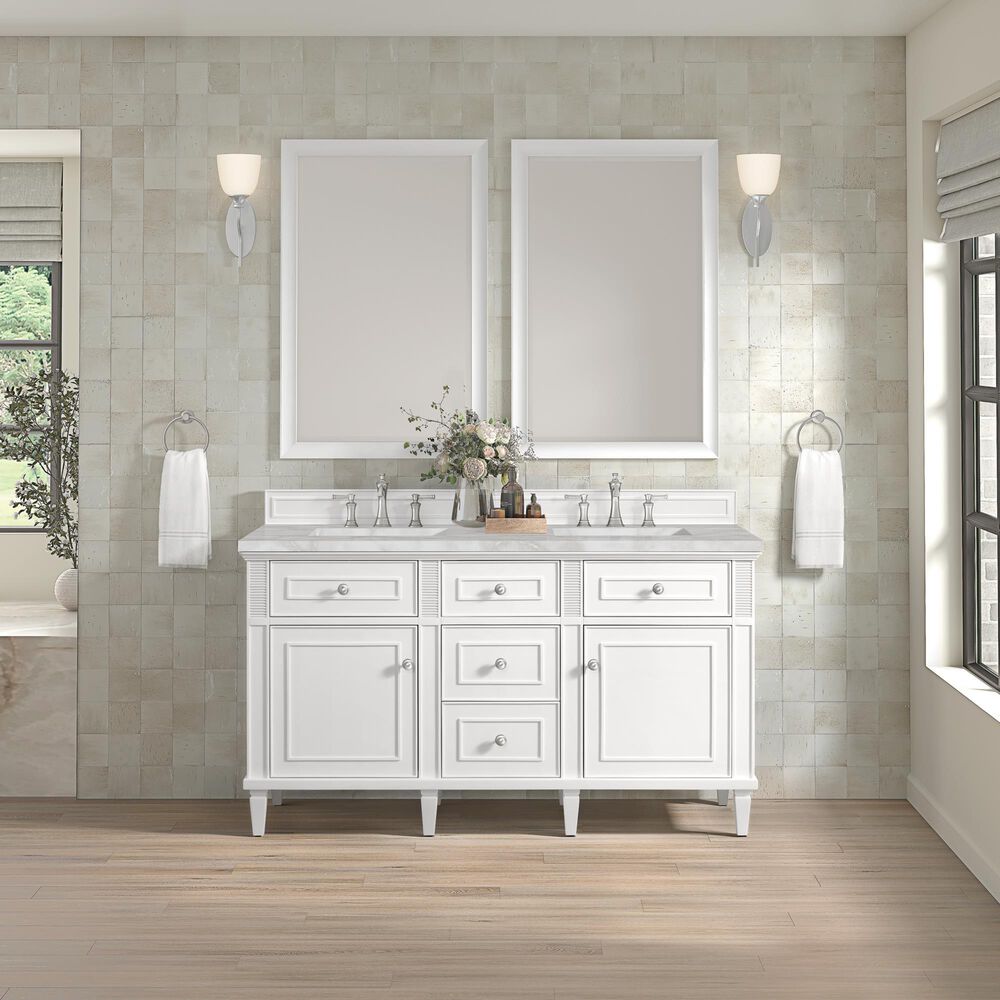 James Martin Vanities Lorelai 60" Double Bathroom Vanity in Bright White with 3 cm Ethereal Noctis Silestone Top, Rectangular Sinks and FreePower Wireless Charger, , large