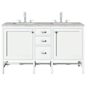 James Martin Vanities Addison 60" Double Bathroom Vanity in Glossy White with 3 cm Victorian Silver Quartz Top and Rectangular Sinks, , large