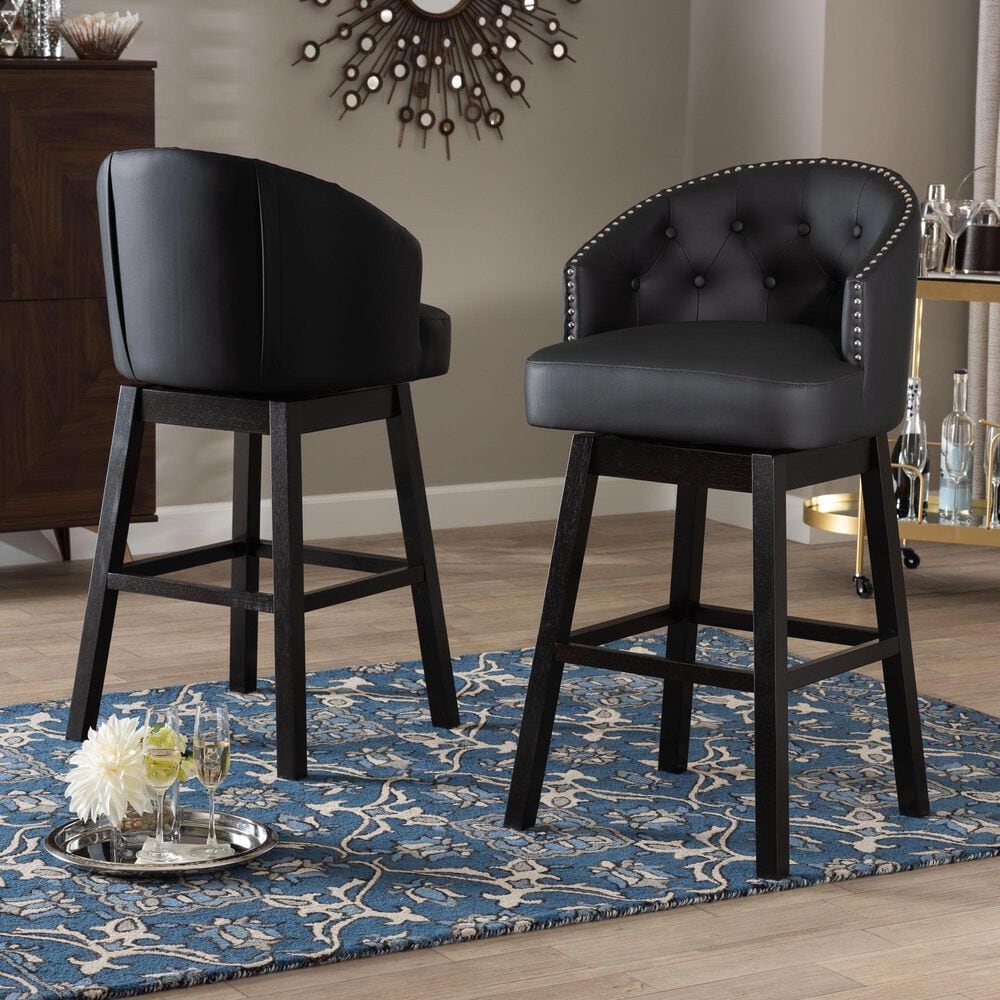 Baxton Studio Avril Swivel Bar Stool with Black Cushion in Dark Espresso Brown (Set of 2), , large