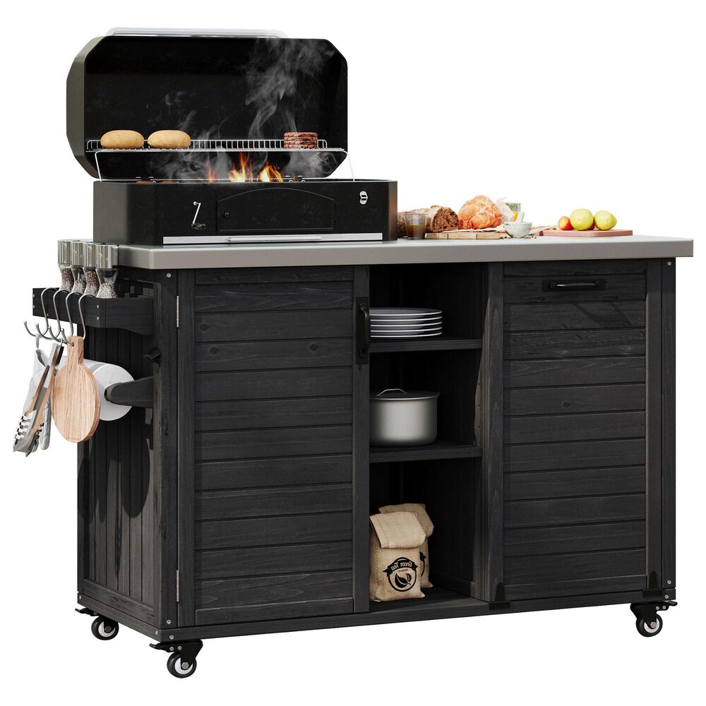 HOMLUX 78.3" Outdoor Kitchen Island with Foldable Grill Table in Black and Stainless Steel, , large