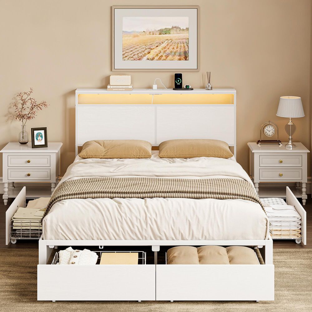 HOMLUX 4-Drawer Full Storage Bed with LED Headboard and Charging Station in White, , large
