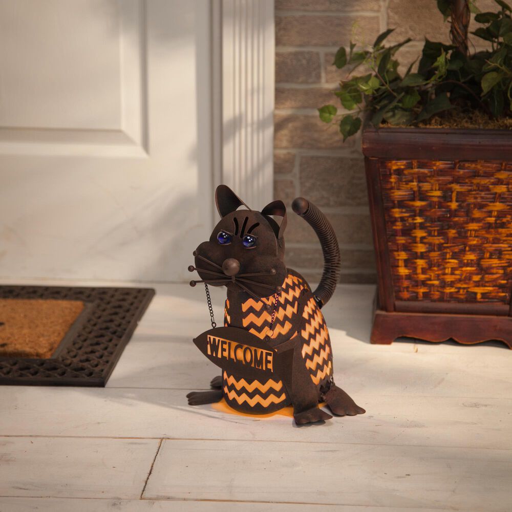 The Gerson Company 12.85&quot; Solar Lighted Garden Welcome Cat in Rustic Brown, , large