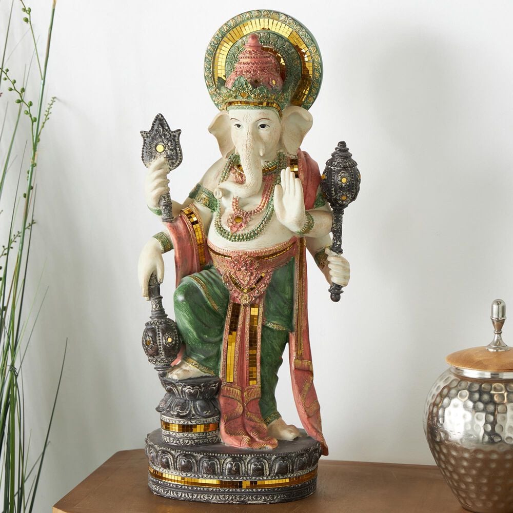 Maple and Jade Ganesh Decorative Sculpture in Satin Gold, Green, Blue and Red, , large