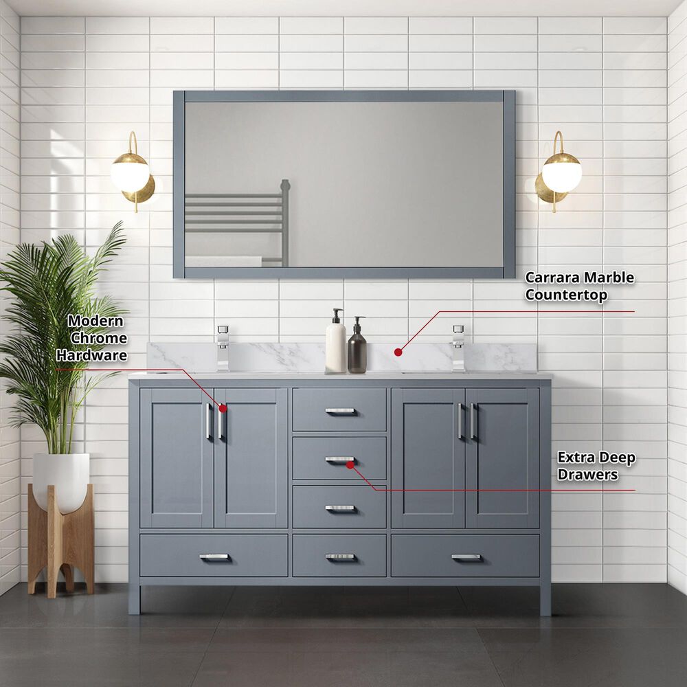 Lexora Home Jacques 60&quot; Double Bathroom Vanity in Dark Grey with 2 cm White Carrara Marble Top and Rectangular Sinks, , large
