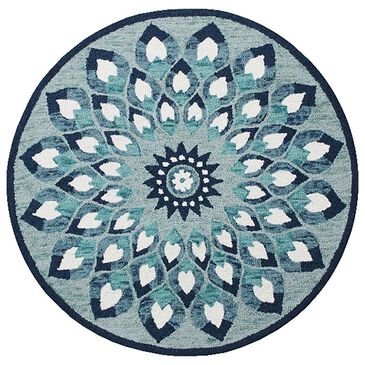 L&R Resources Sinuous Feathering Floral 4" Round Blue, Navy, Teal and White Area Rug, , large
