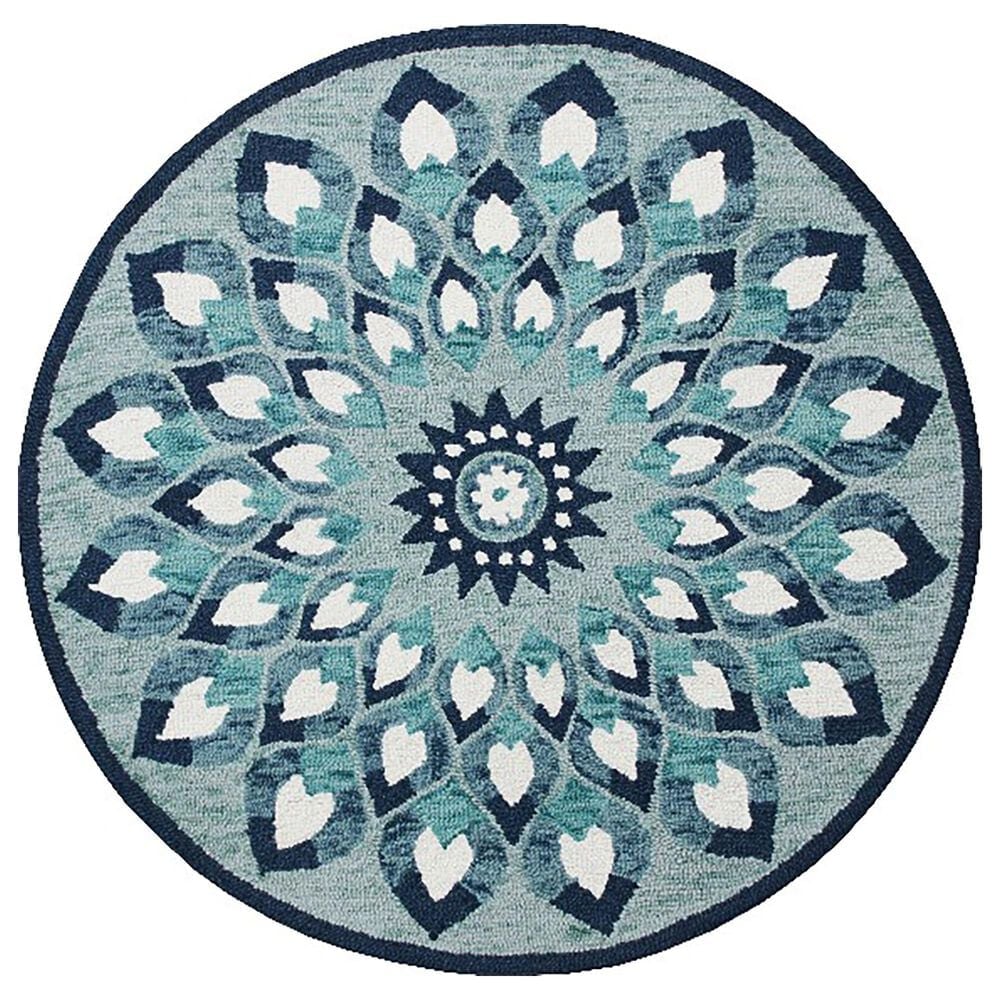 L&R Resources Sinuous Feathering Floral 4" Round Blue, Navy, Teal and White Area Rug, , large