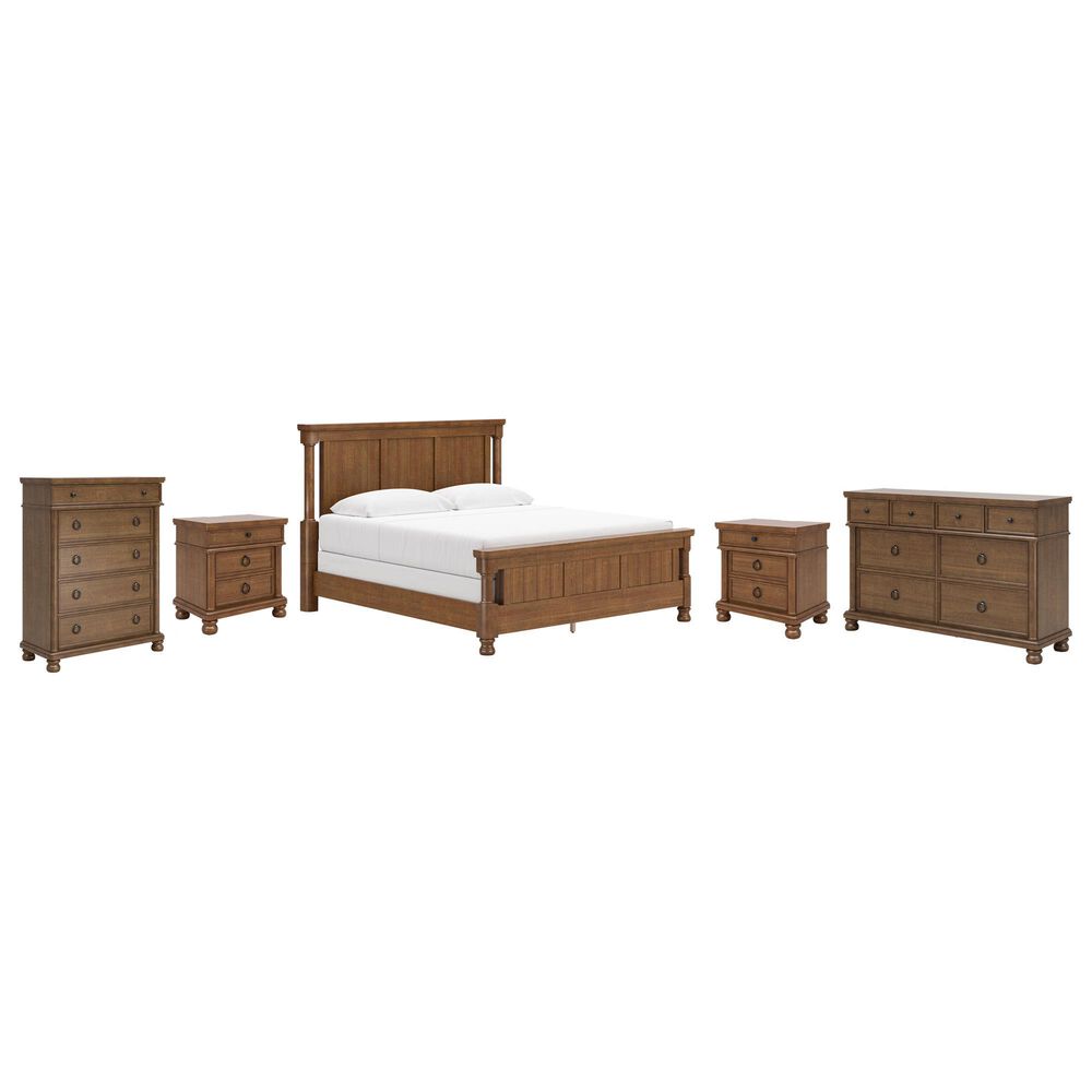 Ashley Rowlenstown King Panel Bed with Dresser, Chest, and Two Nightstands in Brown, , large