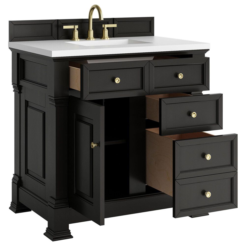 James Martin Vanities Brookfield 36&quot; Single Bathroom Vanity in Black Onyx with 3 cm White Zeus Quartz Top and Rectangular Sink, , large