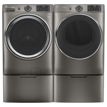 GE Appliances 4.8 Cu. Ft. Front Load Washer and 7.8 Cu. Ft. Gas Dryer Laundry Pair with Pedestal in Satin Nickel, , large