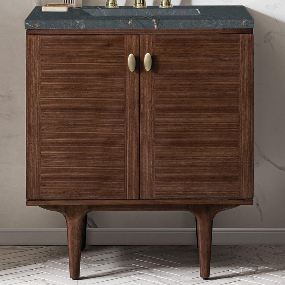 James Martin Vanities Amberly 30&quot; Single Bathroom Vanity in Mid-Century Walnut with 3 cm Parisien Bleu Quartz Top and Rectangular Sink, , large