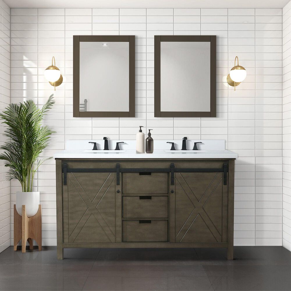 Lexora Home Marsyas 60&quot; Double Bathroom Vanity in Rustic Brown with 2 cm White Cultured Marble Top and Rectangular Sinks, , large