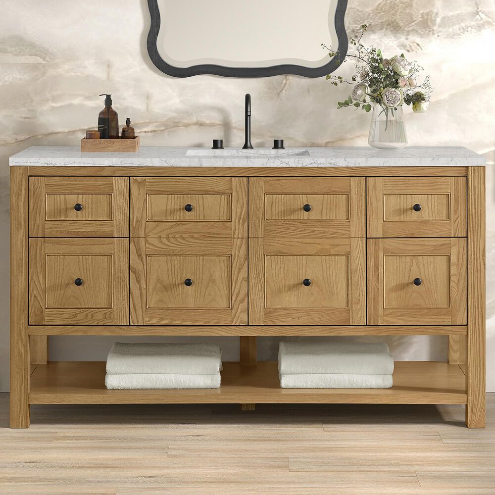 James Martin Vanities Breckenridge 60&quot; Single Bathroom Vanity in Light Natural Oak with 3 cm Eternal Jasmine Pearl Quartz Top and Rectangular Sink, , large