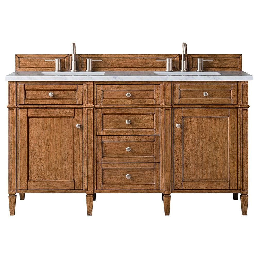 James Martin Vanities Brittany 60" Double Bathroom Vanity in Saddle Brown with 3 cm Arctic Fall Solid Surface Top and Rectangular Sinks, , large