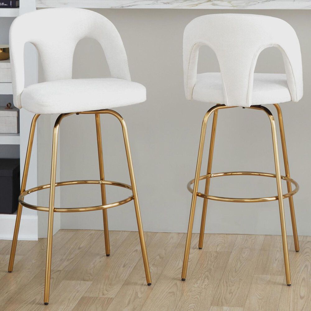 LumiSource Ava Swivel Bar Stool with Snow White Fabric Upholstery in Gold (Set of 2), , large