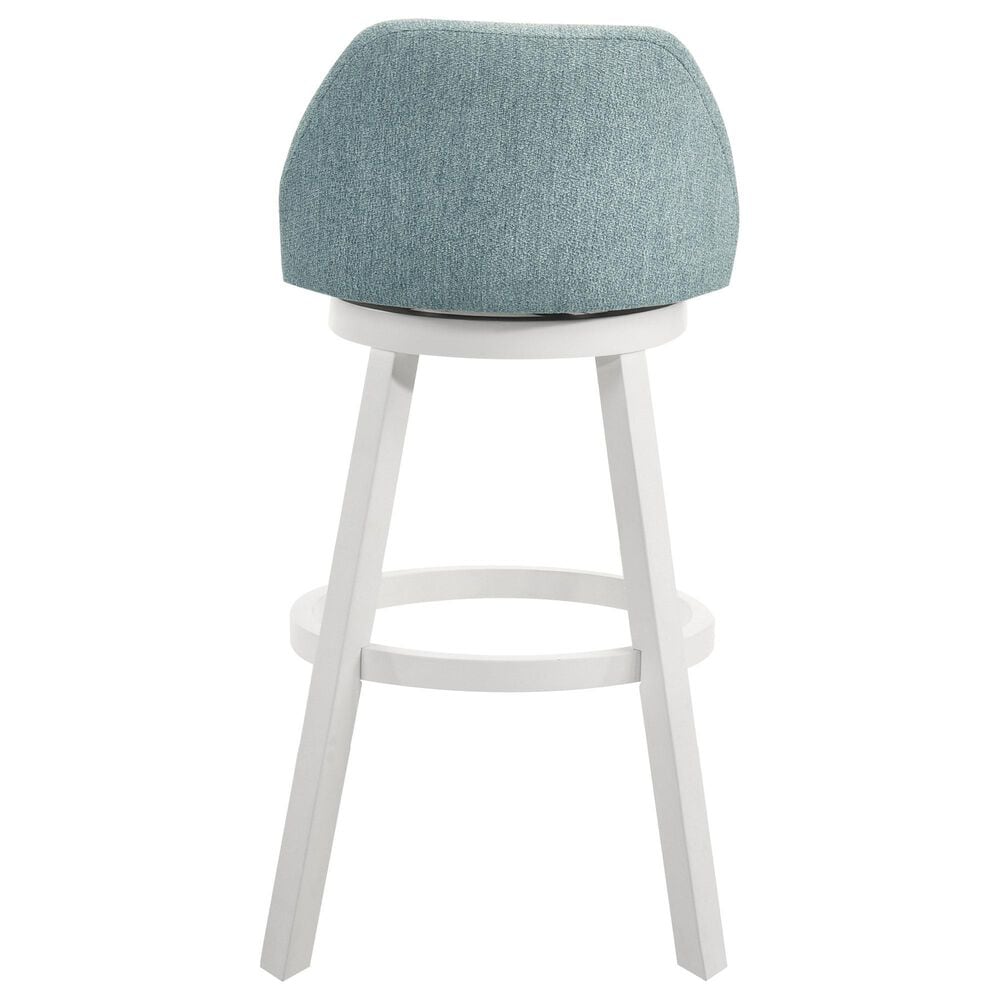 Armen Living Erika Swivel Bar Height Stool with Light Blue Upholstery in White, , large