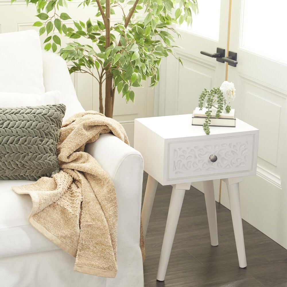 Maple and Jade Intricately Carved Single Drawer Scroll Accent End Table in Distressed White, , large