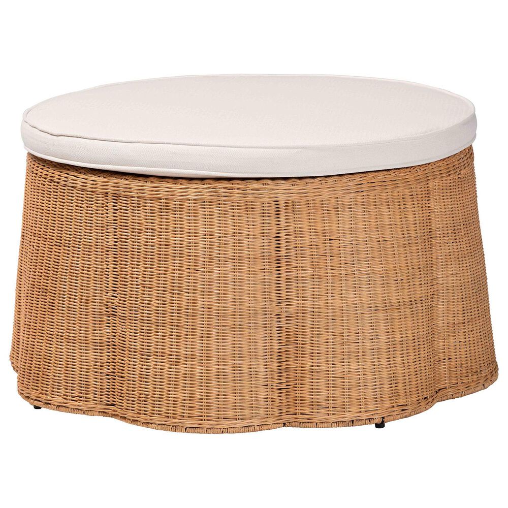 bali & pari Palm 32" Round Ottoman with Light Honey Rattan in White, , large