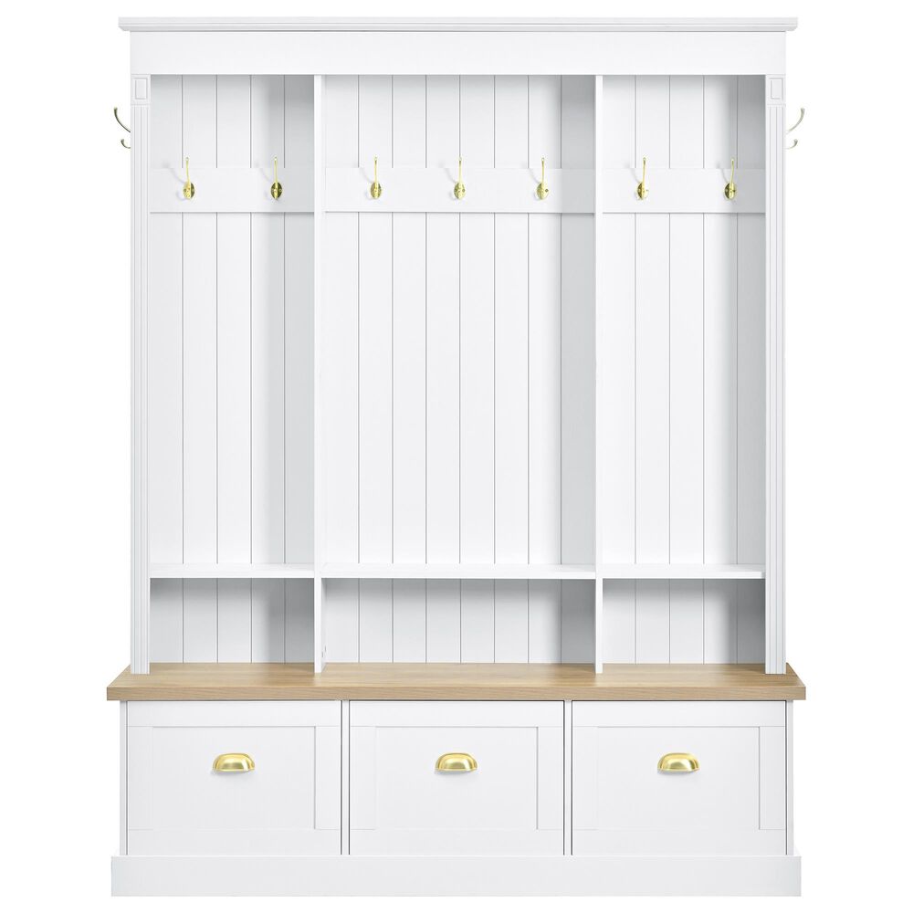 HOMLUX 9-Hook Hall Tree with 3-Cabinet in White and Natural, , large