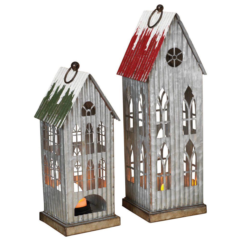 The Gerson Company 2-Piece Holiday Houses Lantern Set with Tealight Holder in Gray, , large
