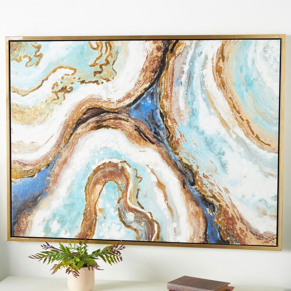 Maple and Jade 47&quot; x 36&quot; Enlarge Slice Geode Wall Art with Gold Frame in Blue, Brown, Teal and White, , large