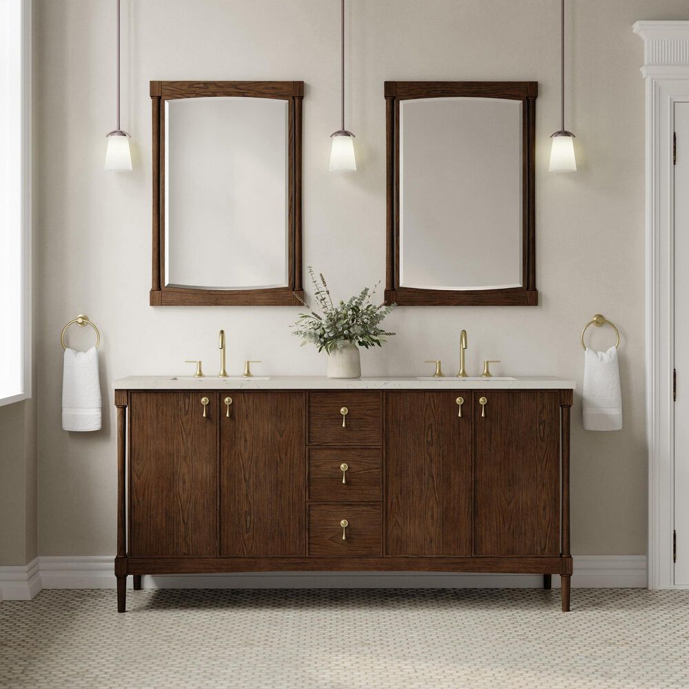 James Martin Kinnsden 72" Double Bathroom Vanity in Sable Oak with 3 cm Siberian Silestone Top and Rectangular Sinks, , large