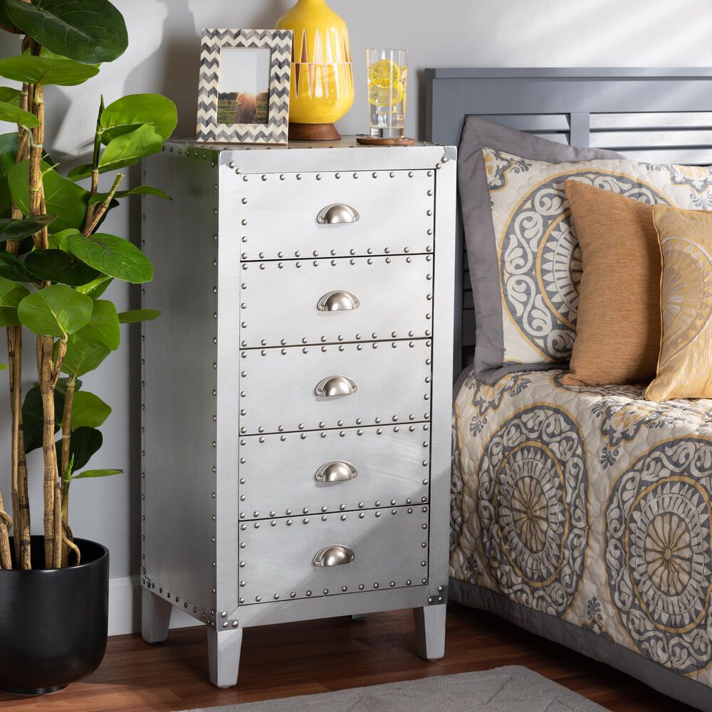 Baxton Studio Carel 5-Drawer Accent Storage Cabinet in Silver, , large