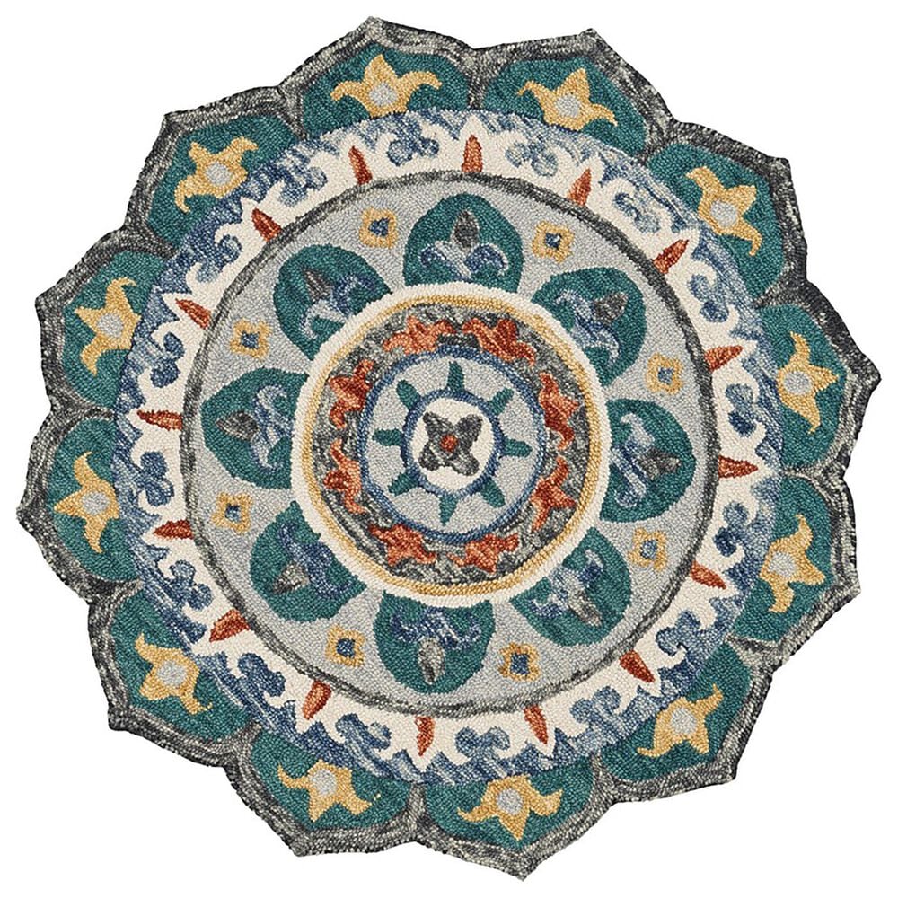 L&R Resources Sinuous Eclectic Floral Mandala 4" Scalloped Green and Multicolor Area Rug, , large