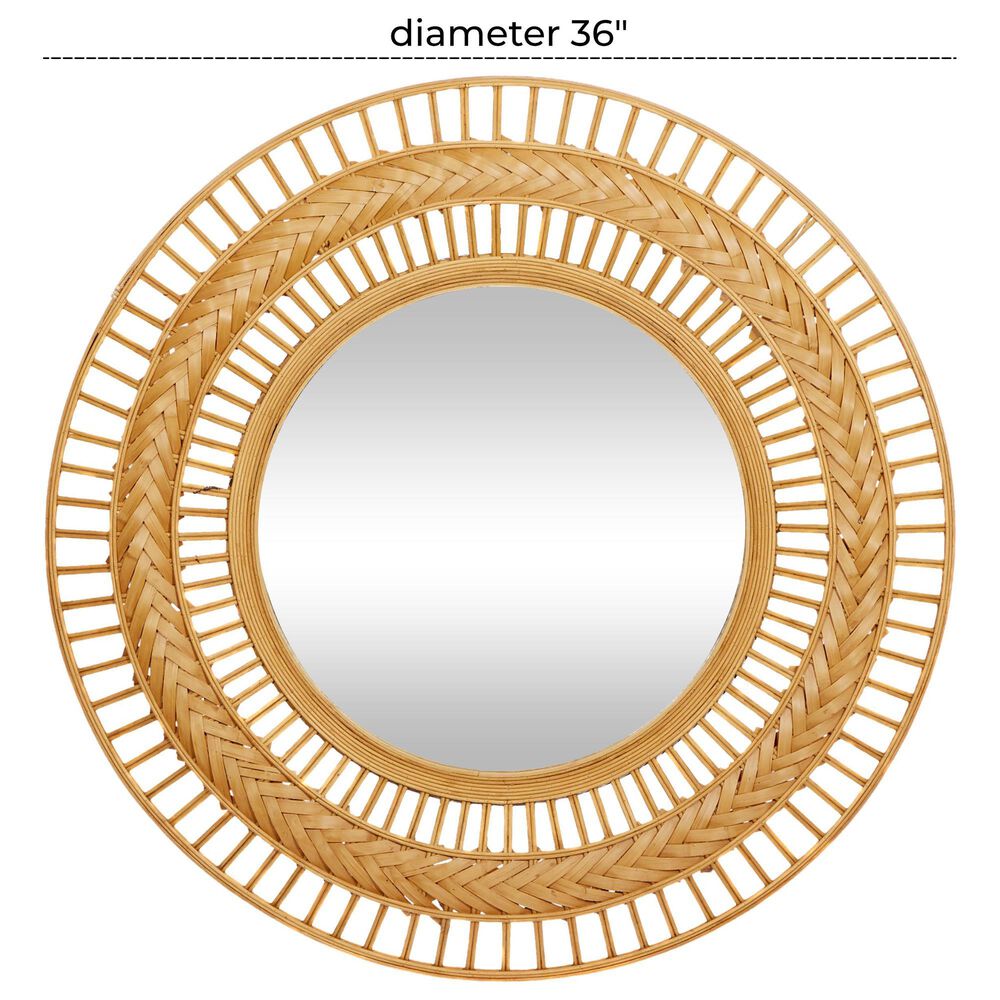 Maple and Jade 36&quot; Round Rattan Tribal Handmade Intricately Weaved Wall Mirror in Light Brown, , large