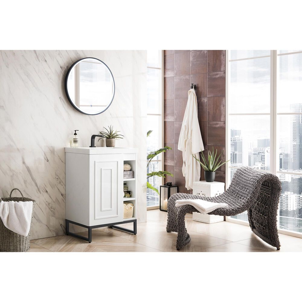 James Martin Vanities Alicante 24&quot; Single Bathroom Vanity in Glossy White and Matte Black with 5 cm White Glossy Resin Top and Rectangular Sink, , large